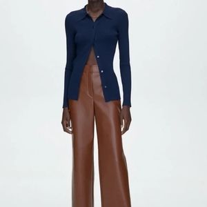 Aritzia Babaton Navy Blue Finley Ribbed Knit Collar Sweater Top